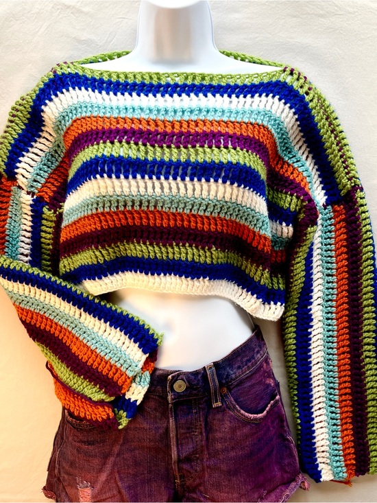 Handmade Sweaters - Handmade Striped Crochet Cropped Chunky Sweater Boat Neck Small Multicolor Boho